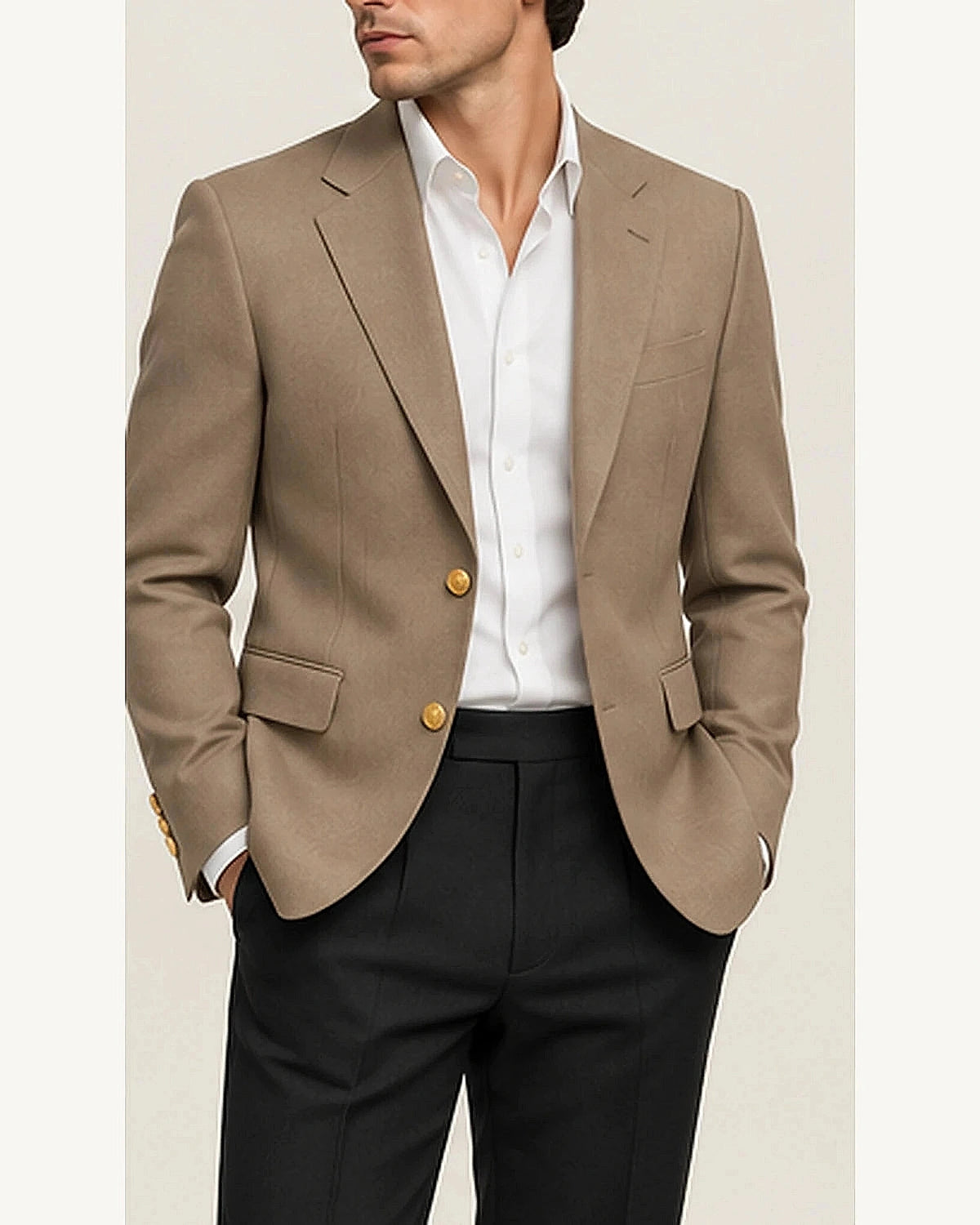 DFCOLOR::Taupe::onbody — Navy Serge Blazer with Gold Buttons