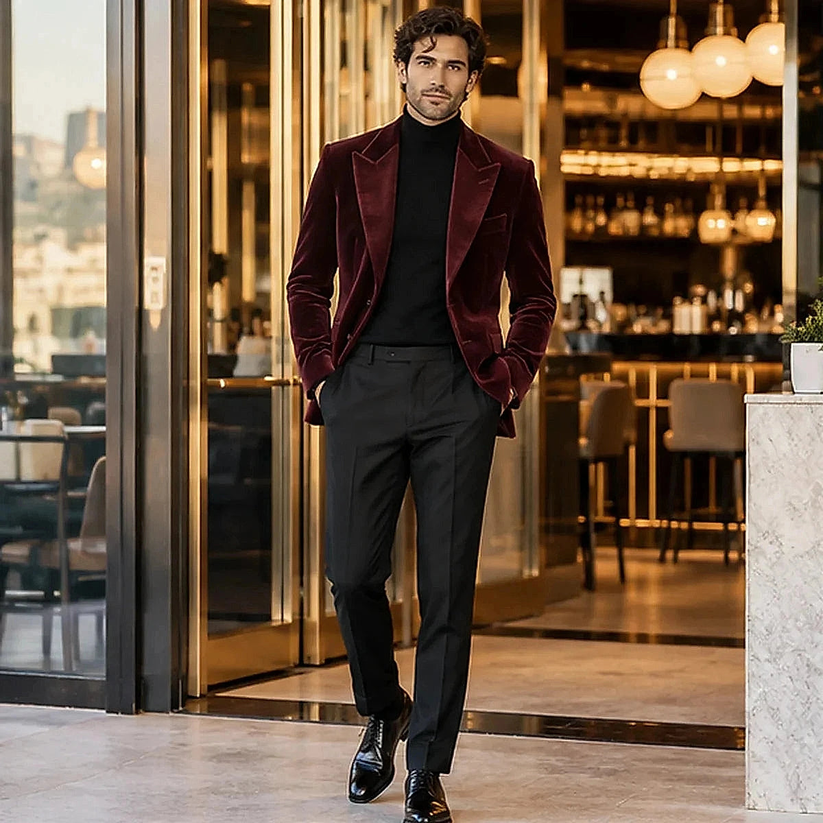 DFCOLOR::Burgundy::Burgundy Velvet Peak-Lapel Blazer — on-body view