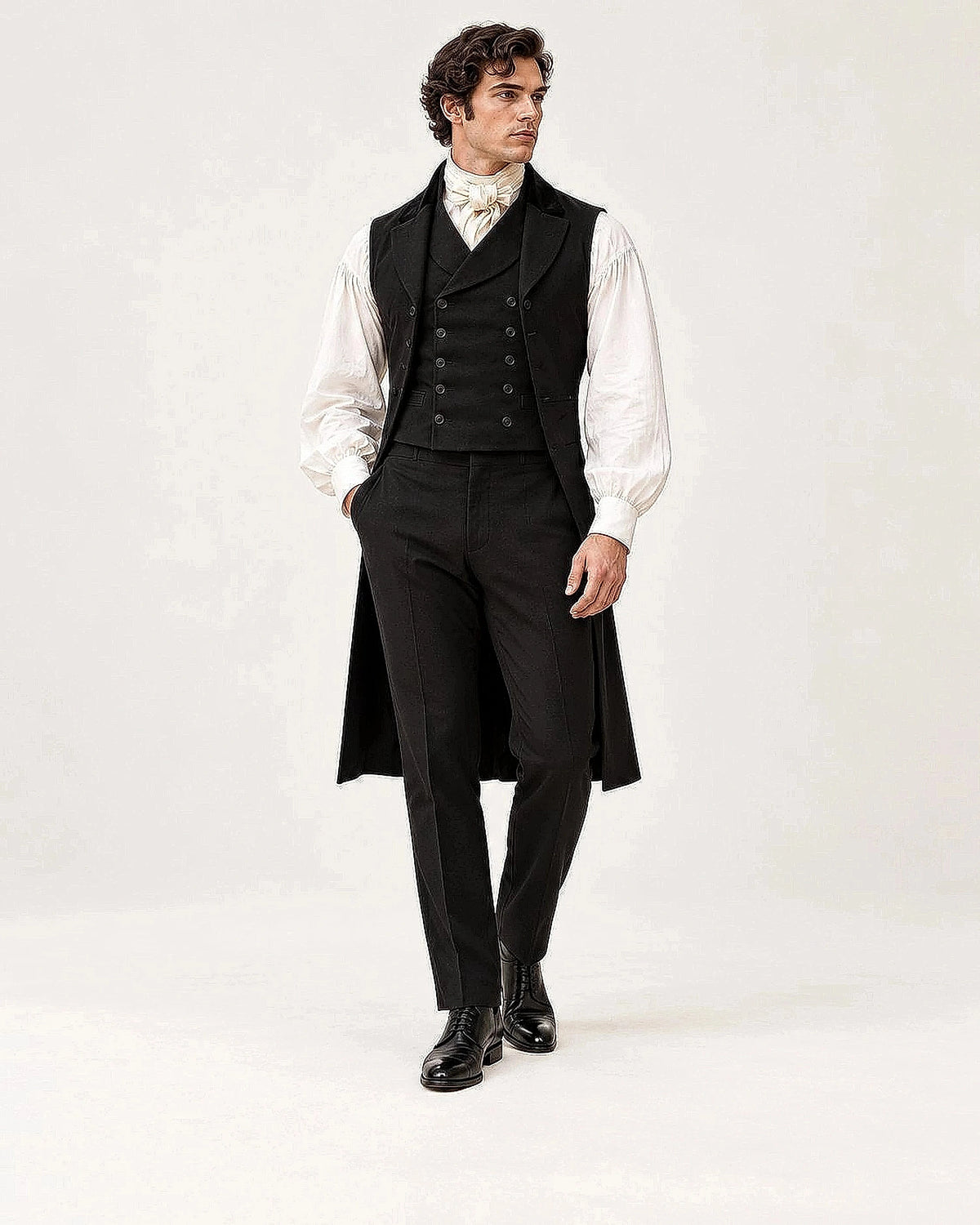 DFCOLOR::Black::Men's Regency tailcoat formal set — full front studio view