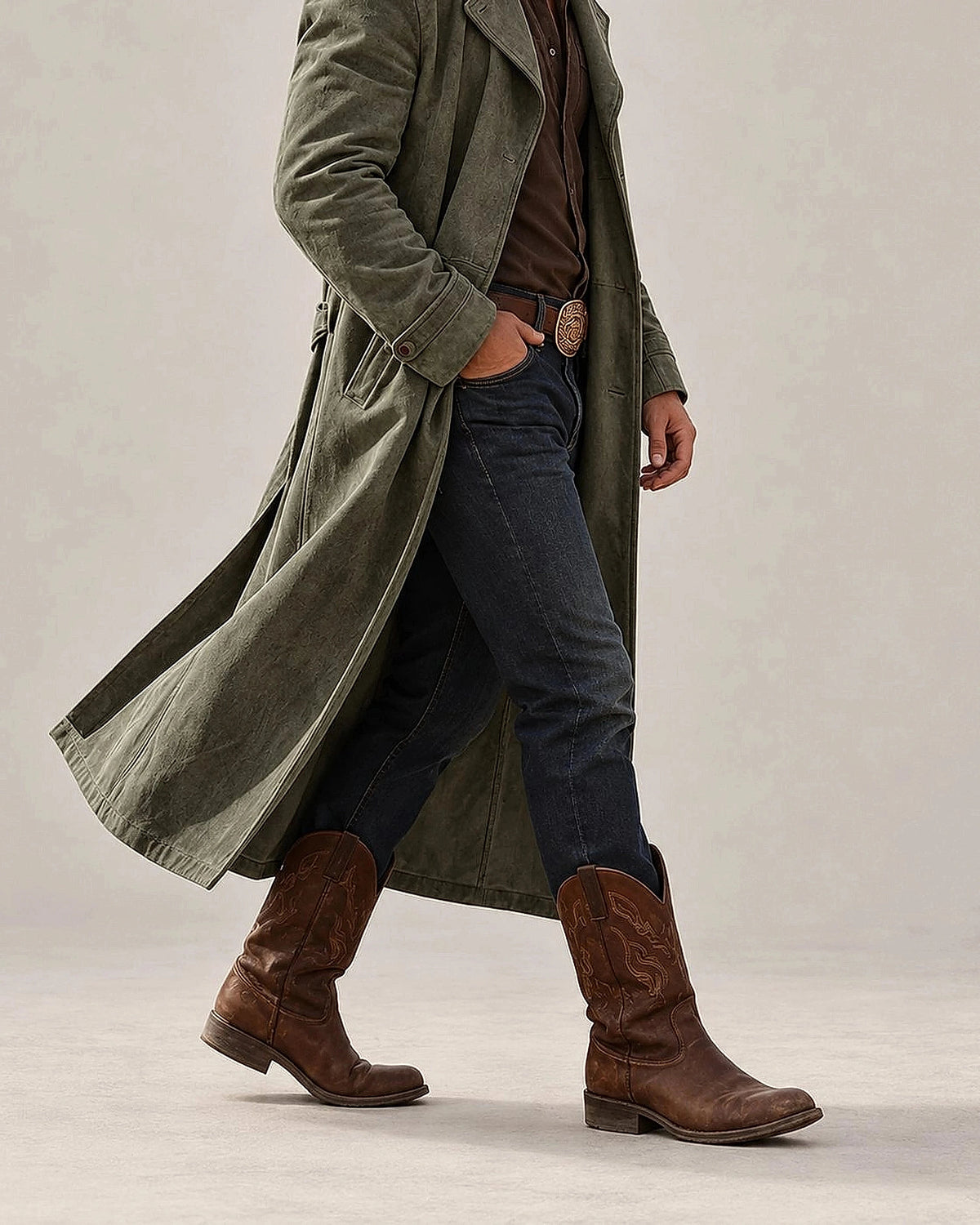 DFCOLOR::Olive::Faux suede long Western duster coat — coat length, side drape and hem detail