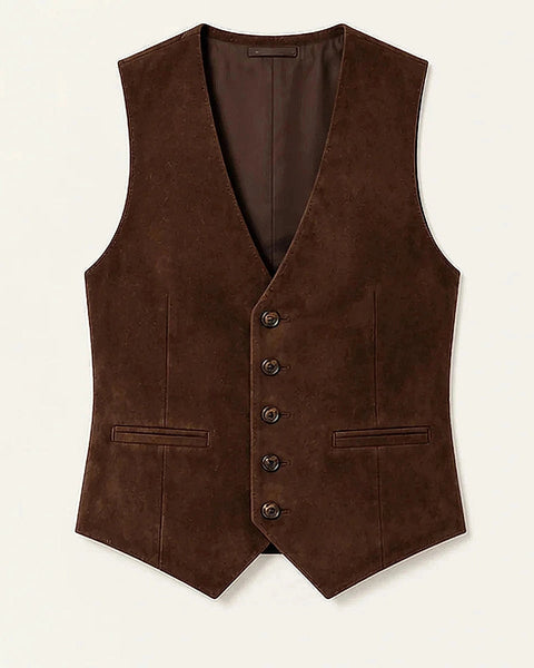 DFCOLOR::Chocolate::Chocolate Faux Suede Tailored Waistcoat clean product view