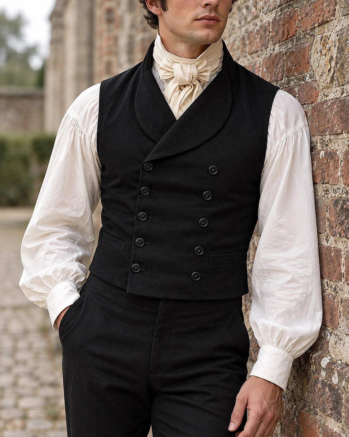 DFCOLOR::Black::Double-breasted Regency waistcoat — on-body brick-wall view