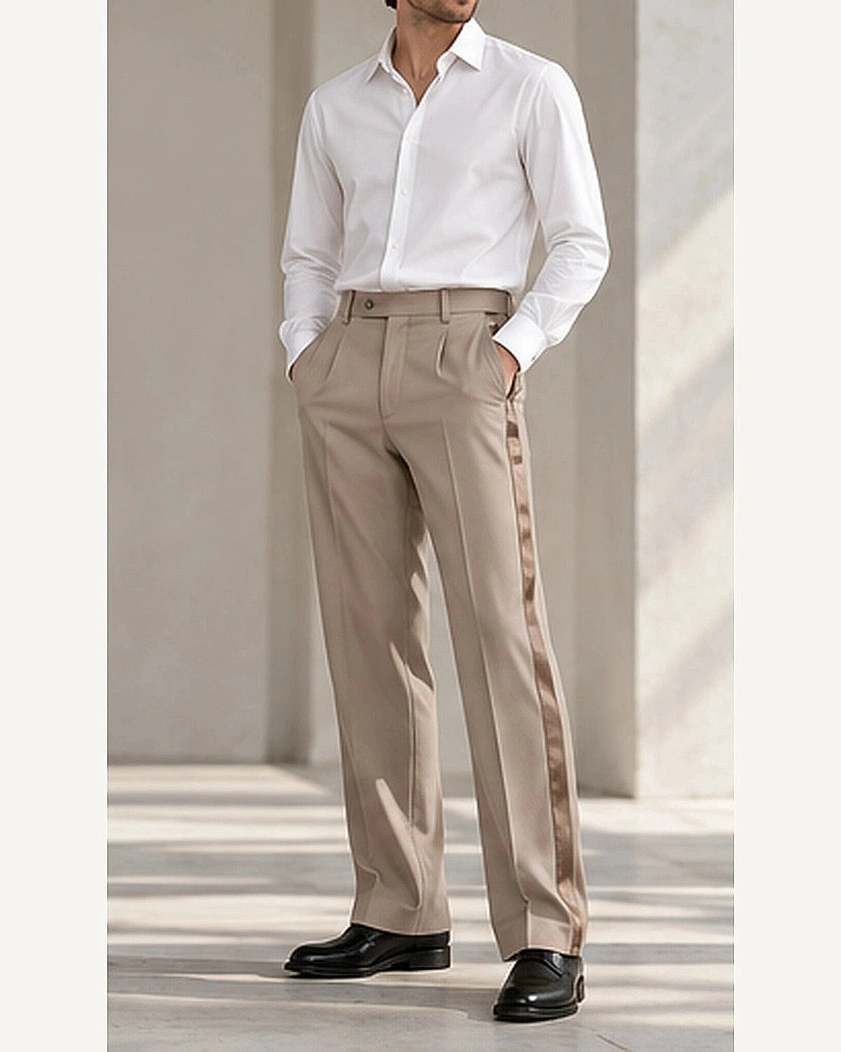 DFCOLOR::Taupe::onbody — Black Satin Side-Stripe Tailored Trousers