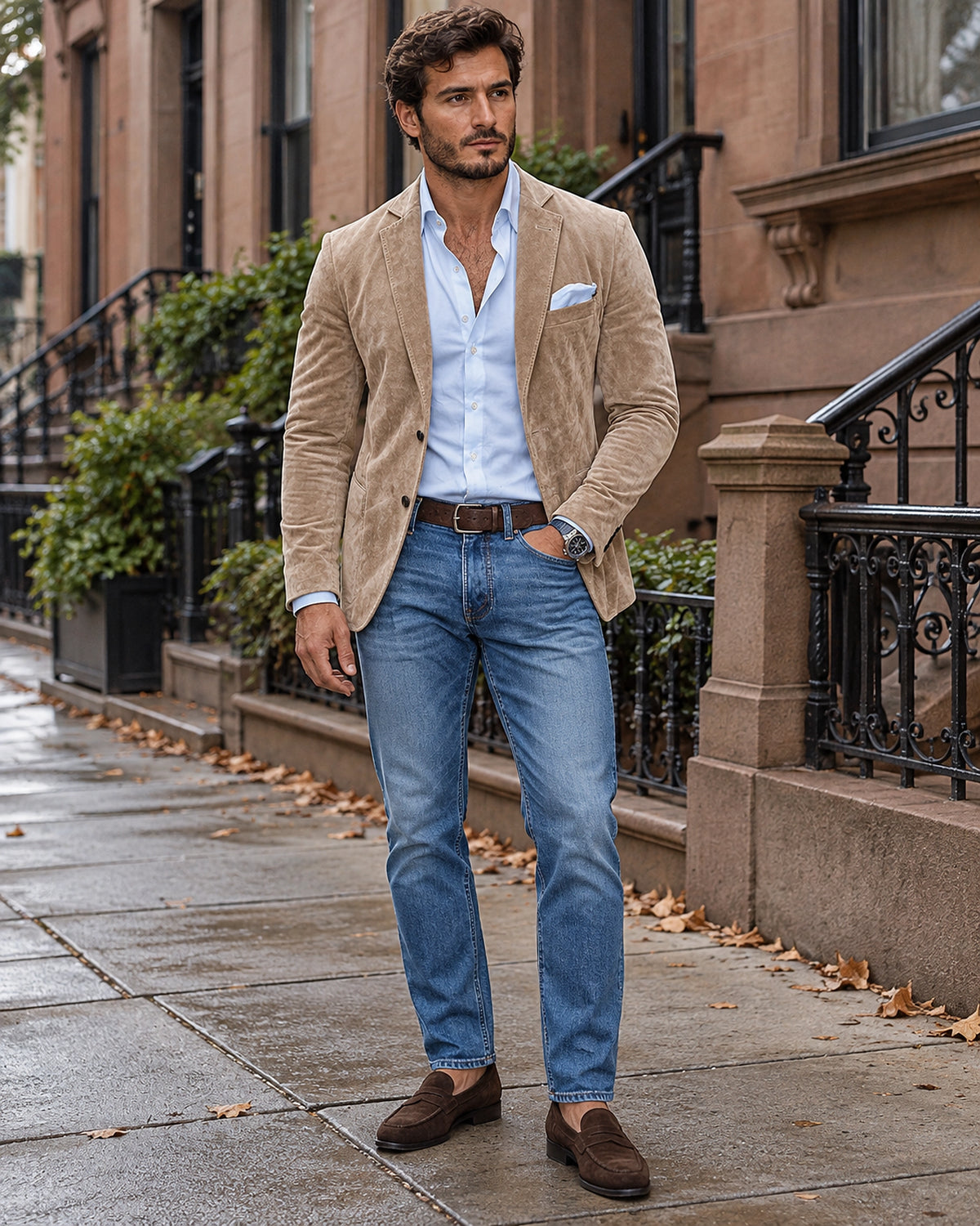 DFCOLOR::Espresso::Faux suede slim notch-lapel blazer — brownstone street styling