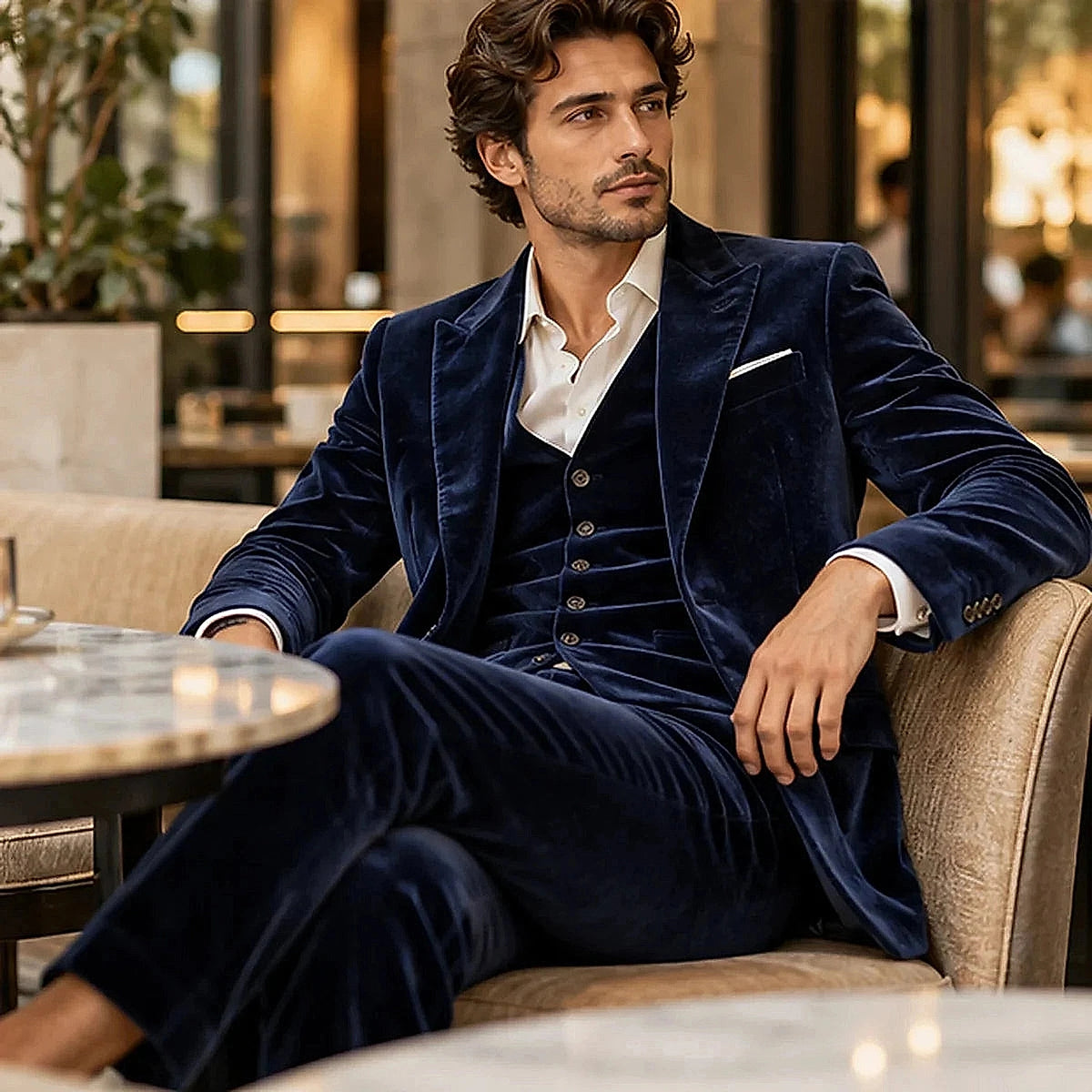 DFCOLOR::Navy::Deep Navy Velvet Three-Piece Suit — lifestyle view