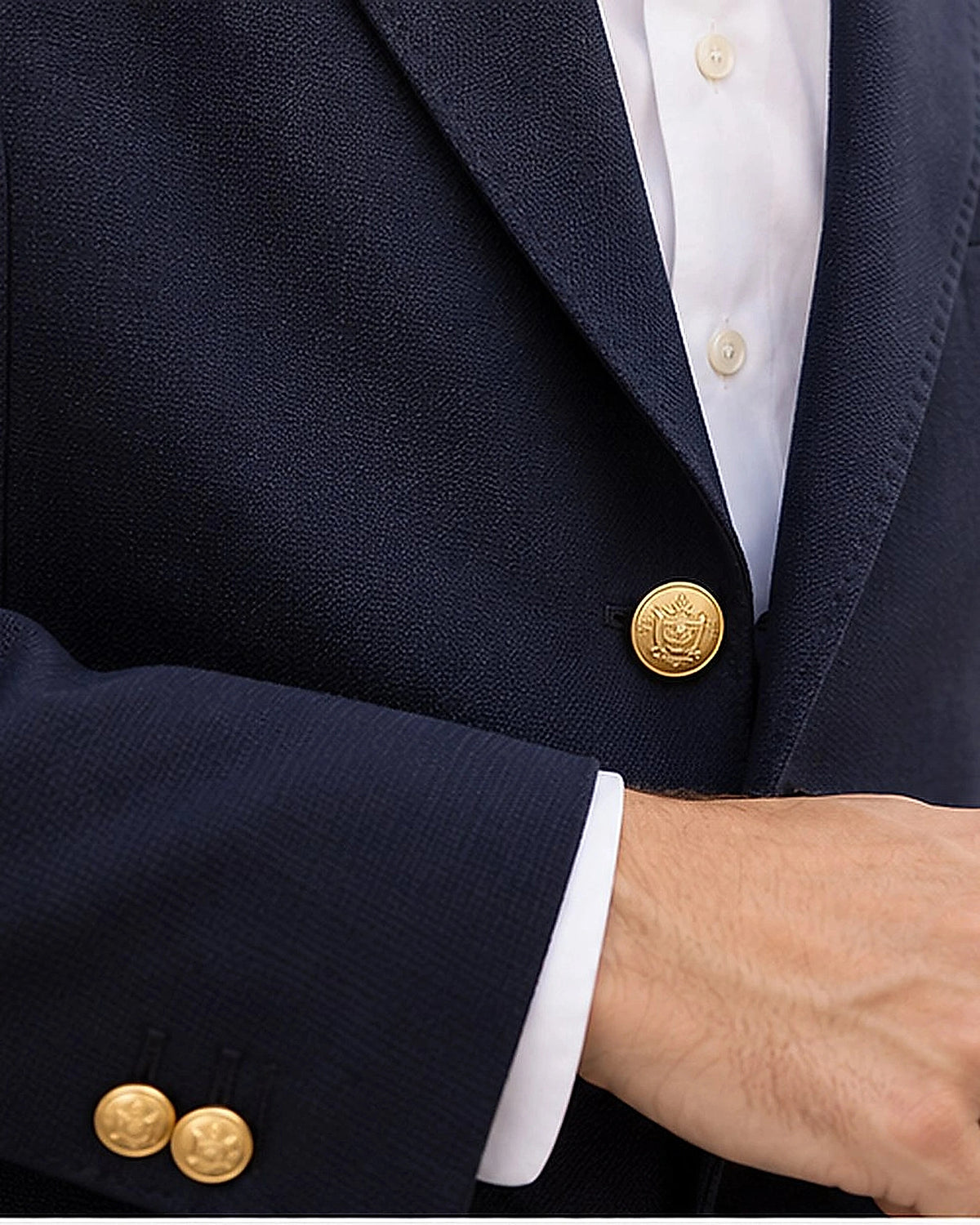 DFCOLOR::Navy::Navy polyester serge blazer fabric and gold button detail