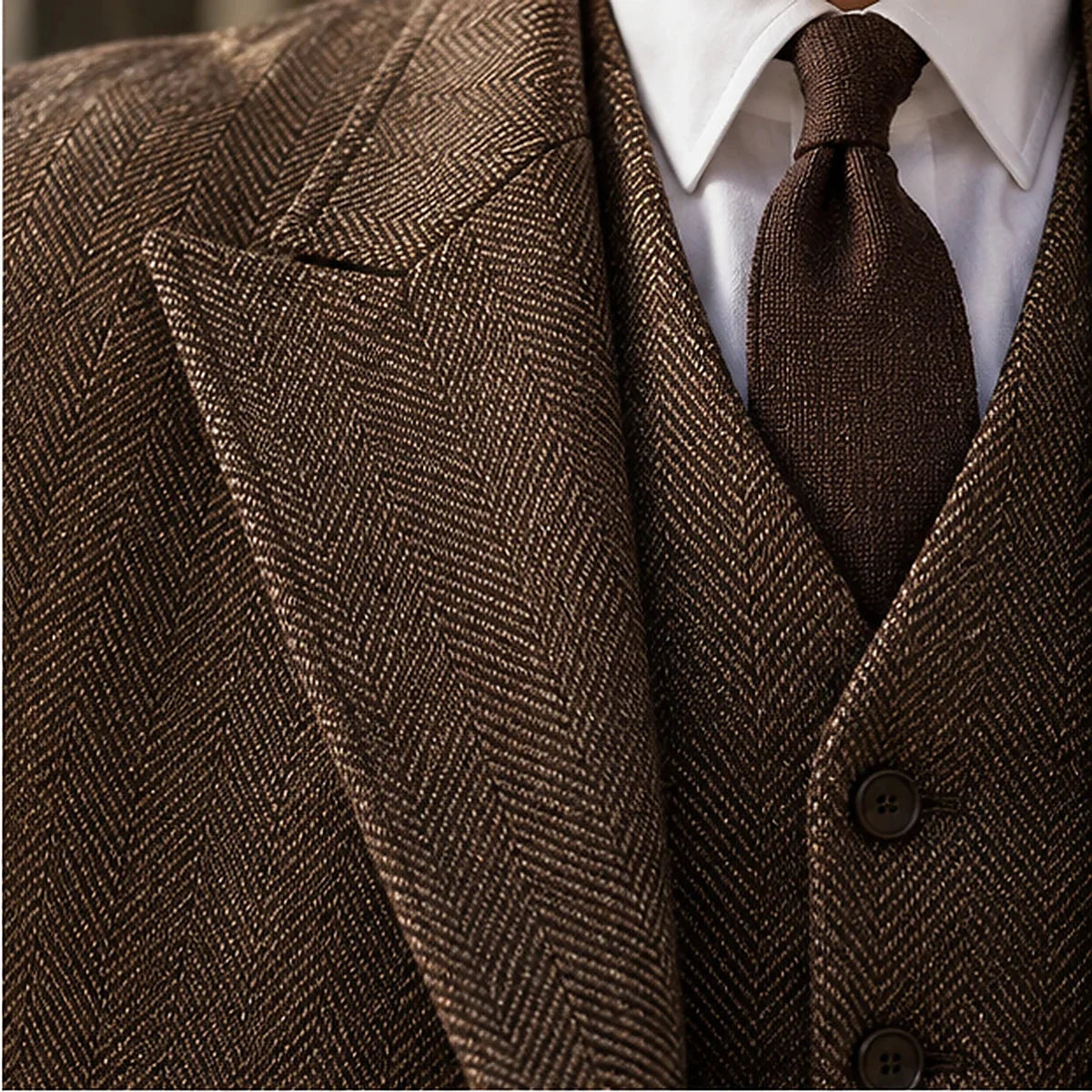 DFCOLOR::Chocolate::Chocolate Herringbone Three-Piece Suit — detail view