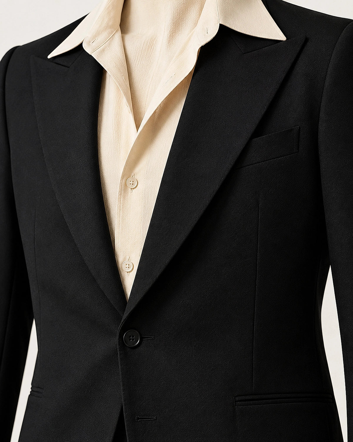 DFCOLOR::Black::Retro 70s two-piece flare suit — black lapel and front tailoring detail
