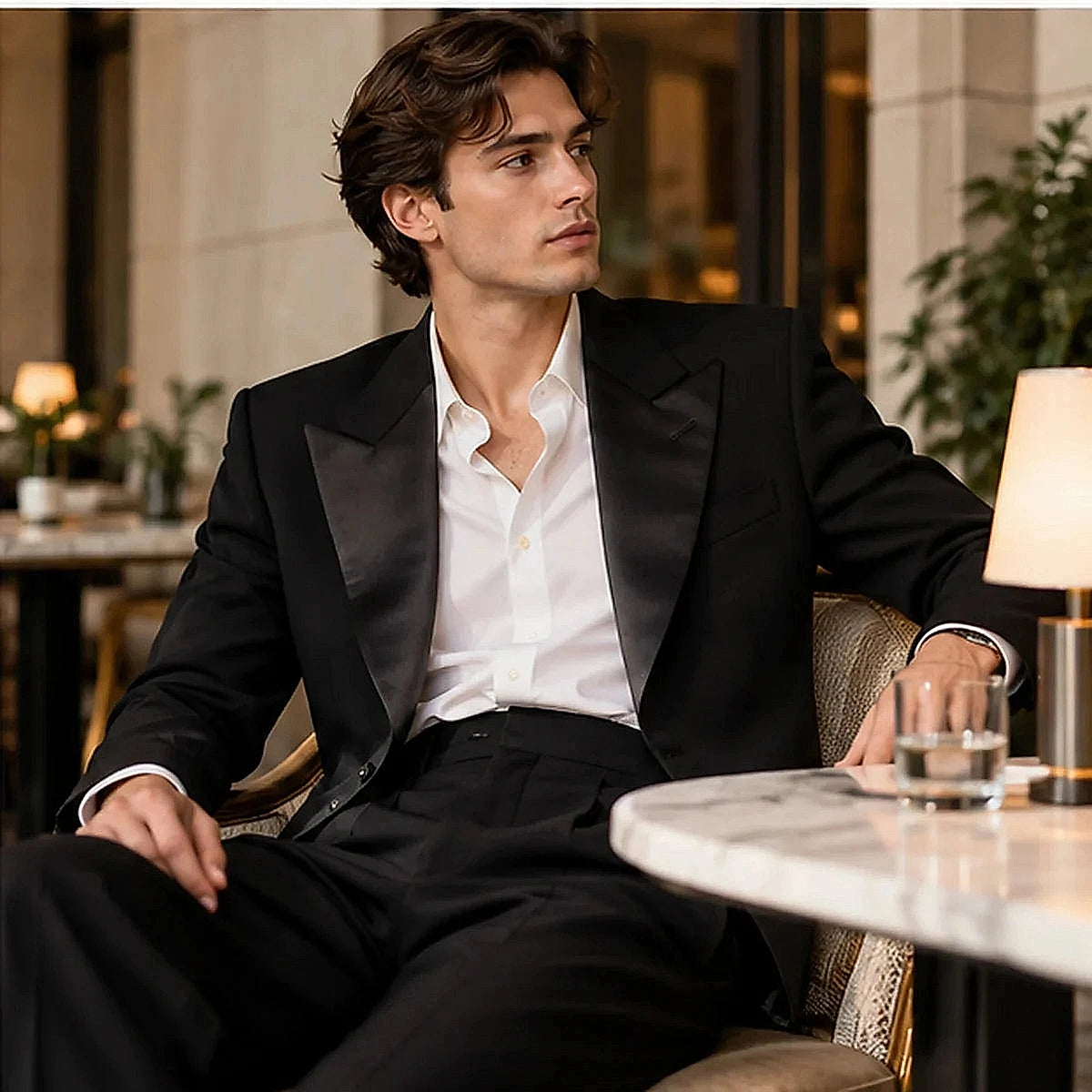 DFCOLOR::Black::Black Cropped Dinner Jacket with Satin Lapels — lifestyle view