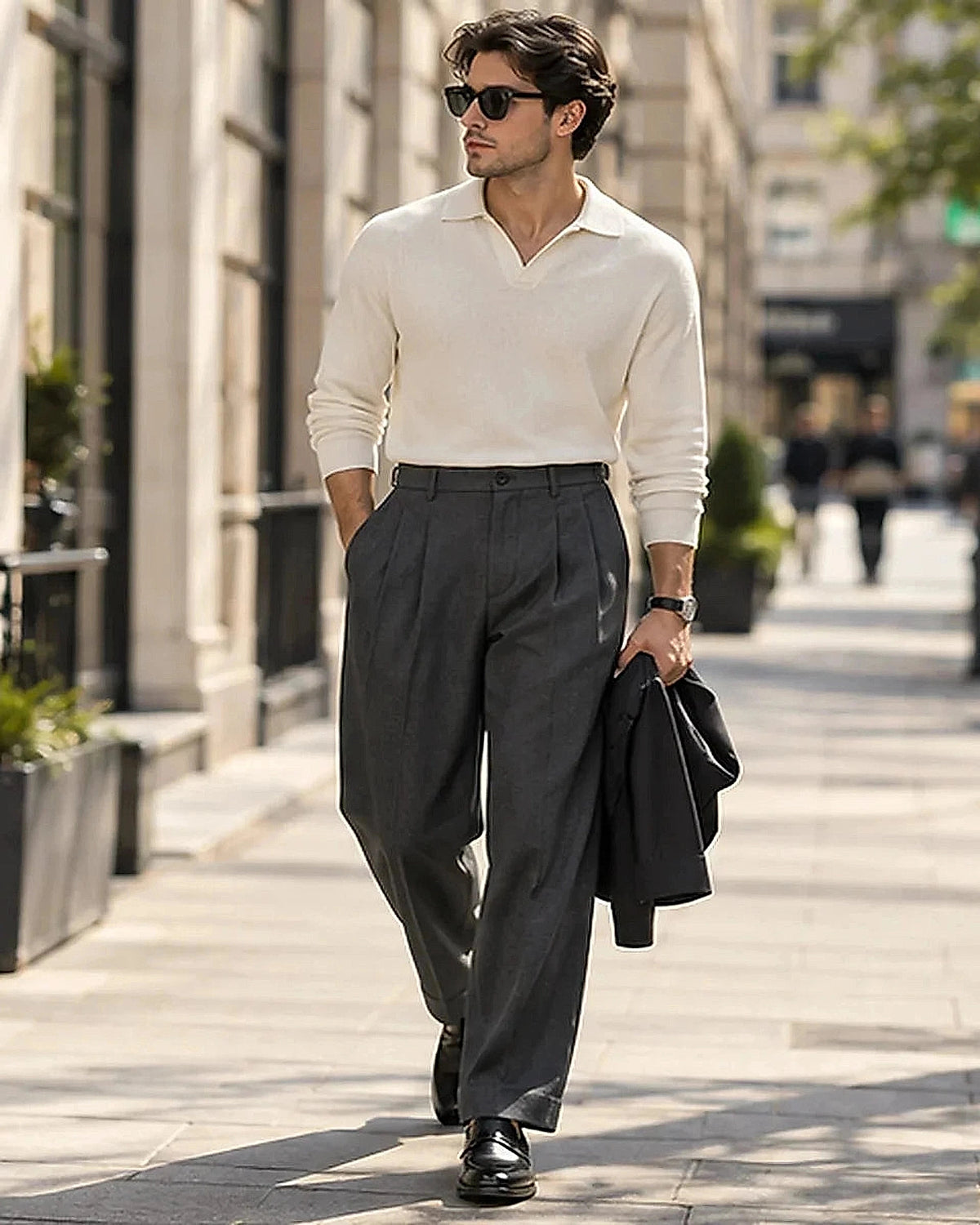 DFCOLOR::Charcoal::Charcoal High-Rise Wide-Pleat Trousers on-body styling