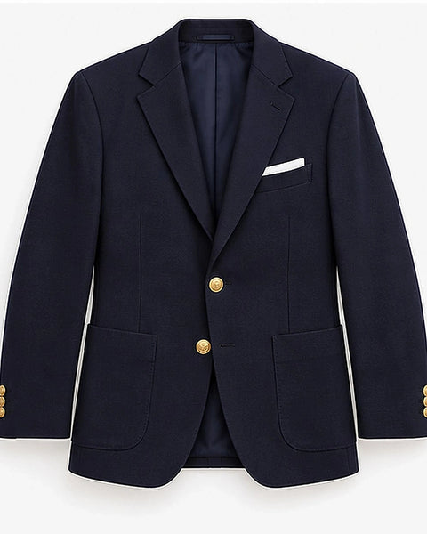DFCOLOR::Navy::Navy polyester serge blazer with gold buttons clean product view