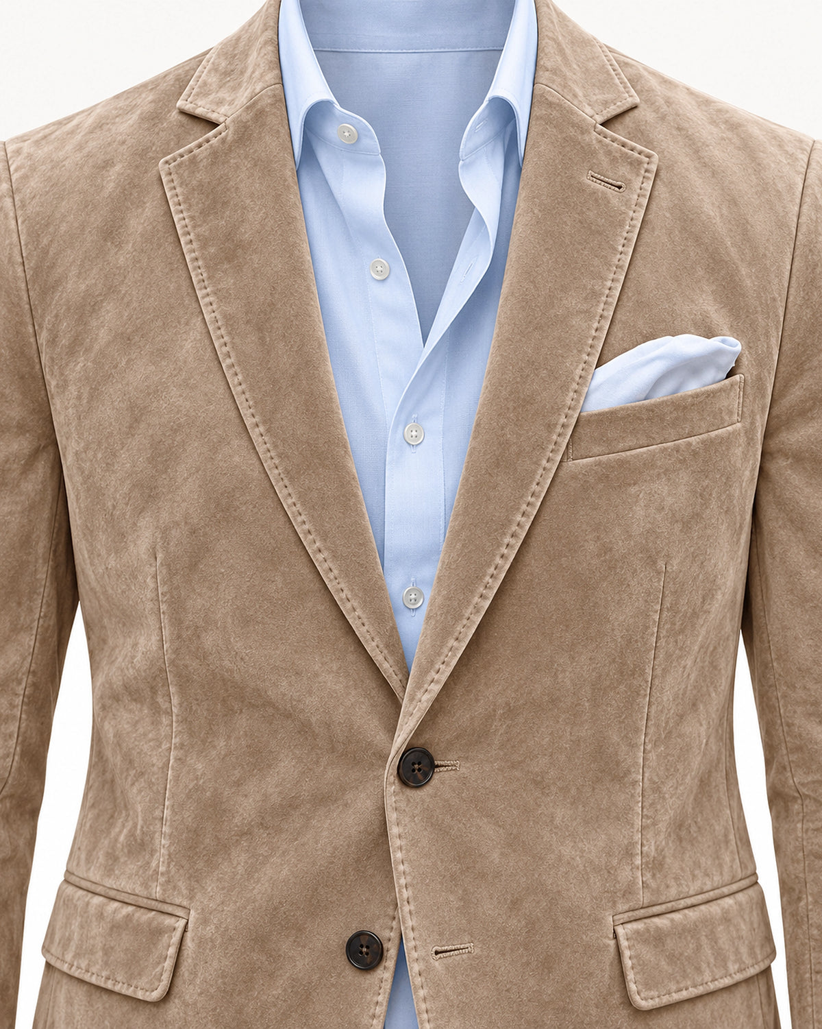 DFCOLOR::Espresso::Faux suede slim notch-lapel blazer — lapel and front texture detail