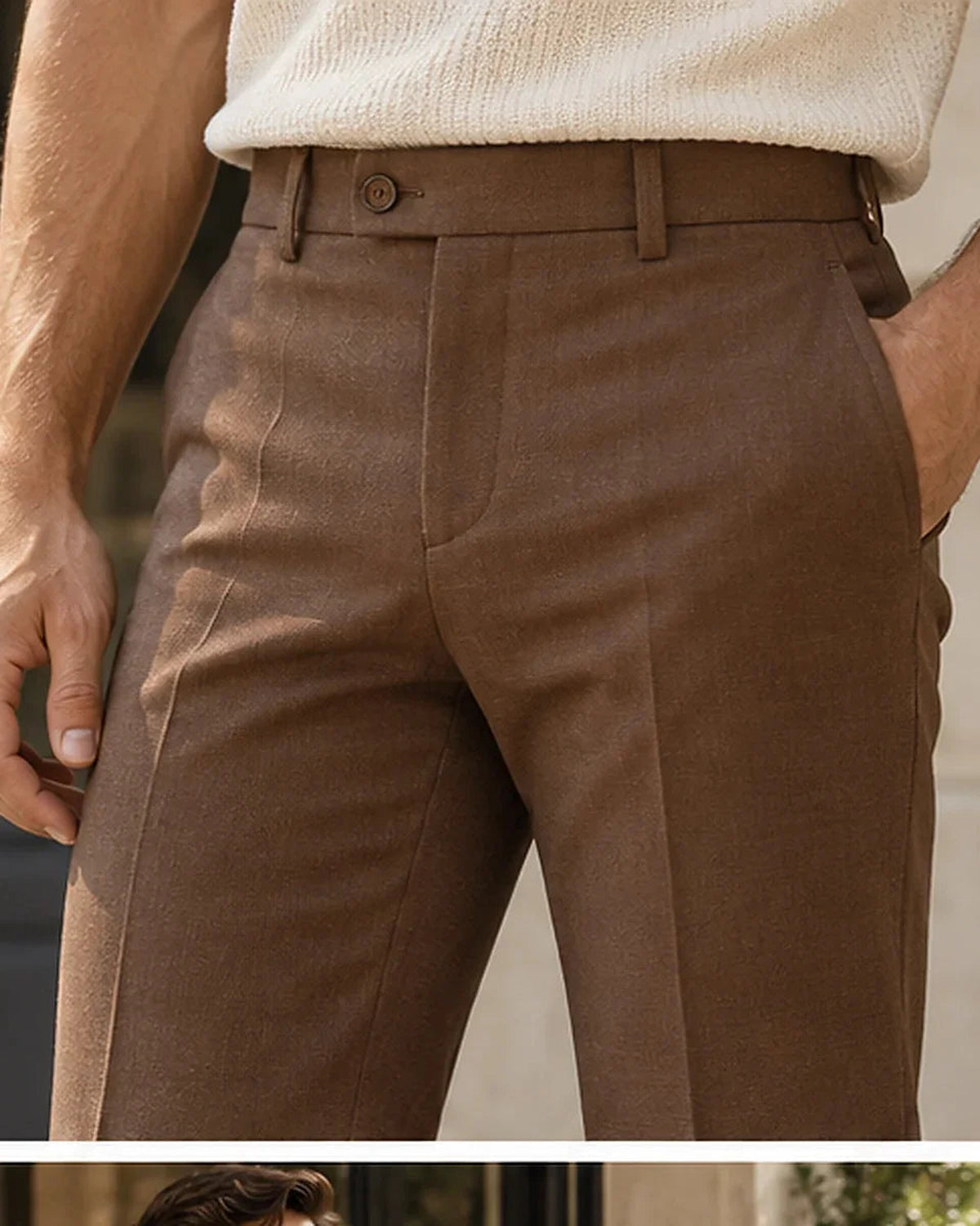 DFCOLOR::Walnut::Walnut High-Rise Flare Trousers fabric and tailoring detail