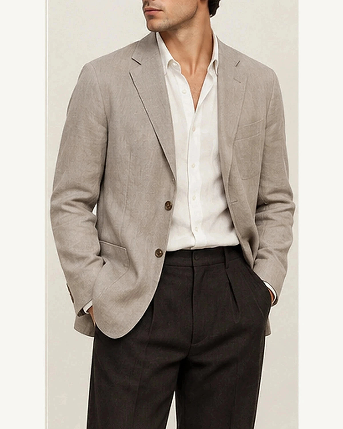 DFCOLOR::Stone::onbody — Olive Unstructured Linen-Look Cotton Blazer