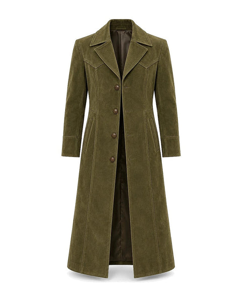 DFCOLOR::Olive::Faux suede long Western duster coat — white-background front product view