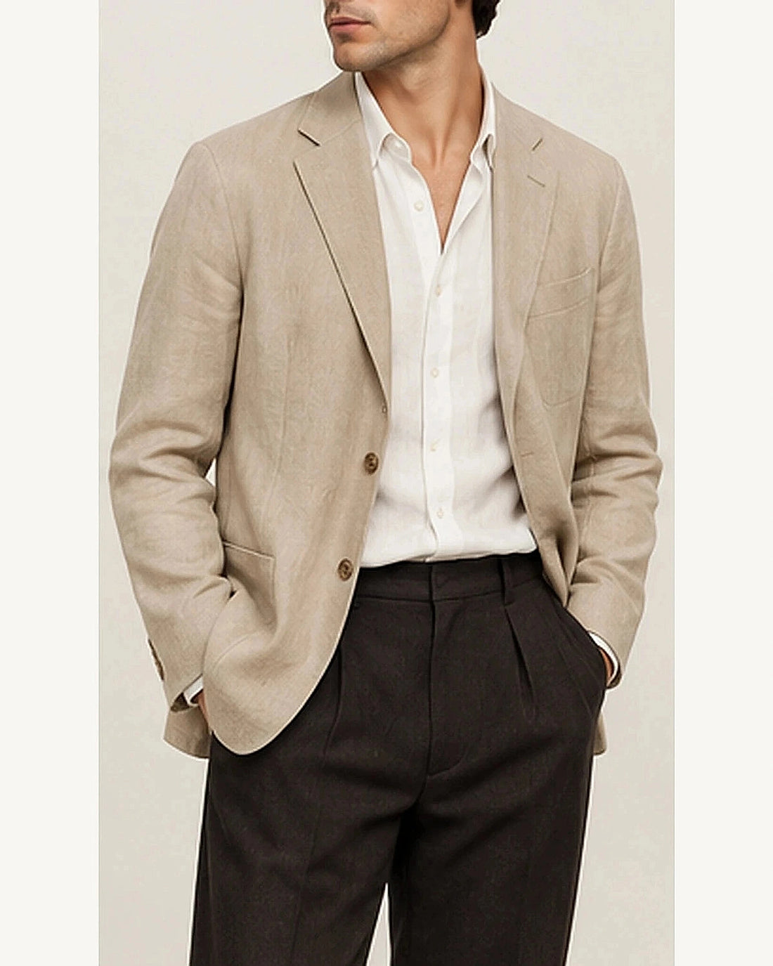 DFCOLOR::Sand::onbody — Olive Unstructured Linen-Look Cotton Blazer