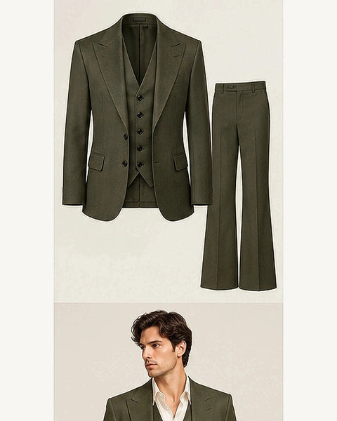 DFCOLOR::Olive::product — Retro 70s Three-Piece Flare Suit