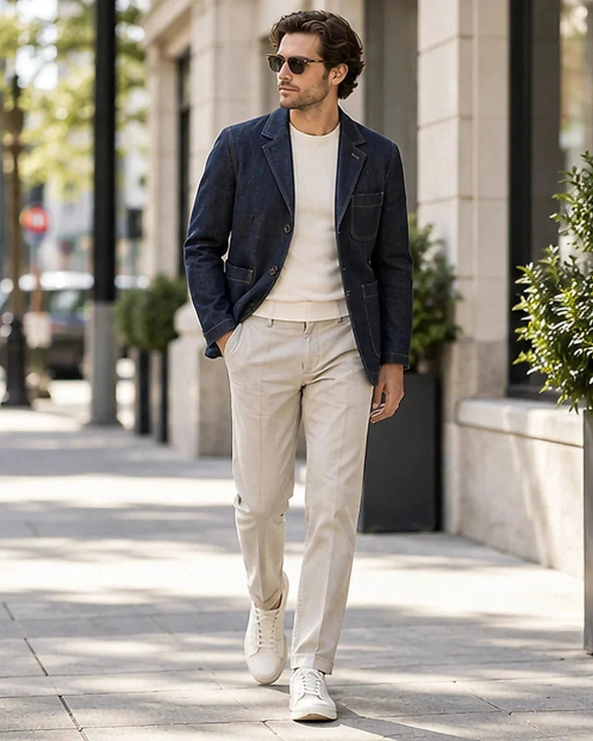 DFCOLOR::Indigo::Indigo Denim-Look Chore Blazer on-body styling