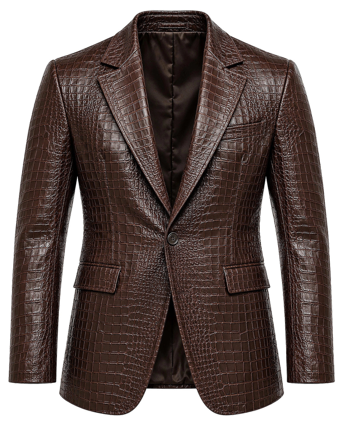 DFCOLOR::Dark Brown::Crocodile-Embossed PU Blazer — Dark Brown — white-background front product view