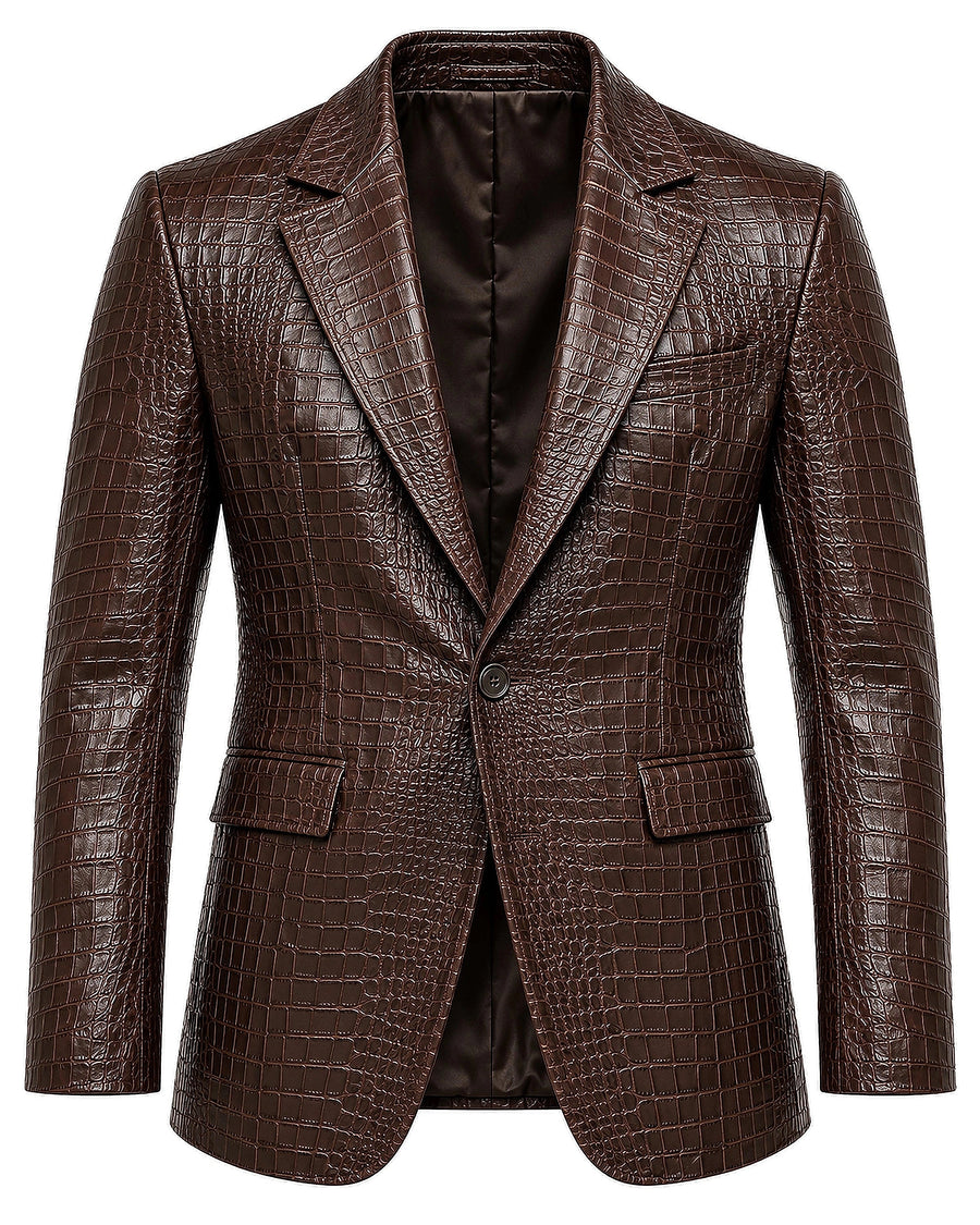 DFCOLOR::Dark Brown::Crocodile-Embossed PU Blazer — Dark Brown — white-background front product view