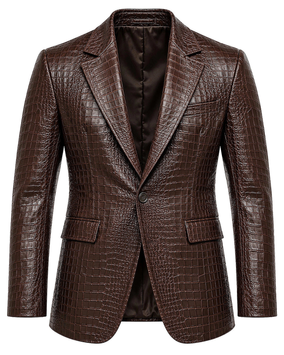 DFCOLOR::Dark Brown::Crocodile-Embossed PU Blazer — Dark Brown — white-background front product view