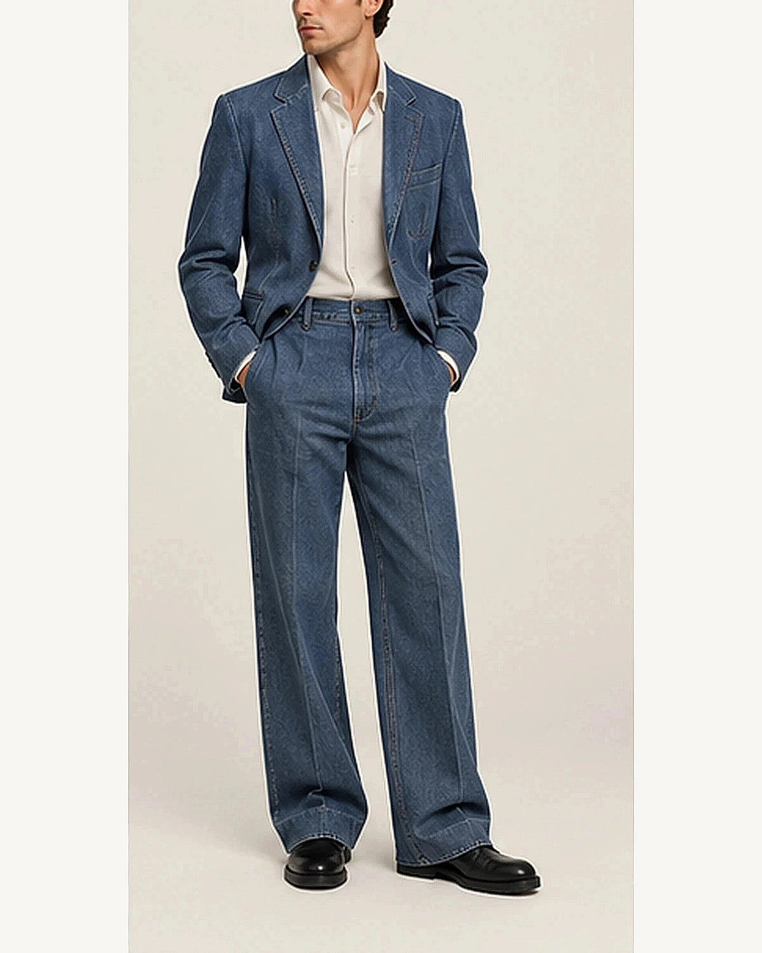 DFCOLOR::Mid Blue::onbody — Raw Indigo Denim-Look Two-Piece Suit