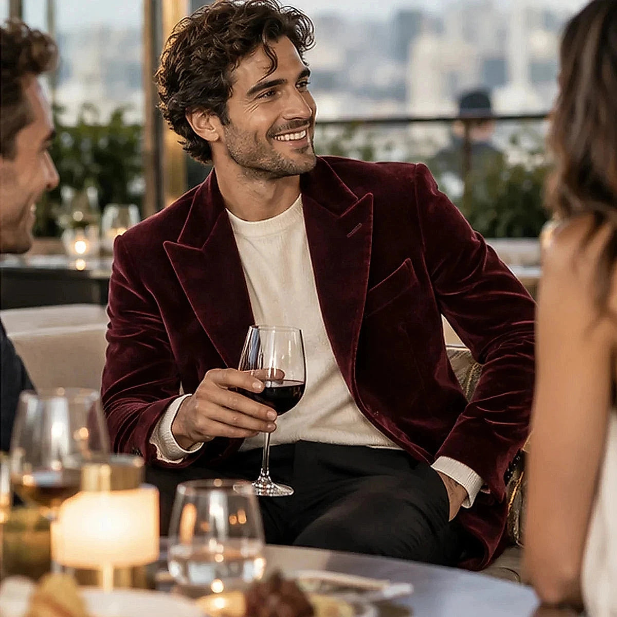 DFCOLOR::Burgundy::Burgundy Velvet Peak-Lapel Blazer — lifestyle view