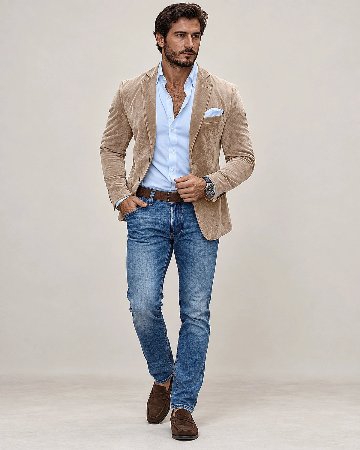 DFCOLOR::Espresso::Faux suede slim notch-lapel blazer — full on-body studio view