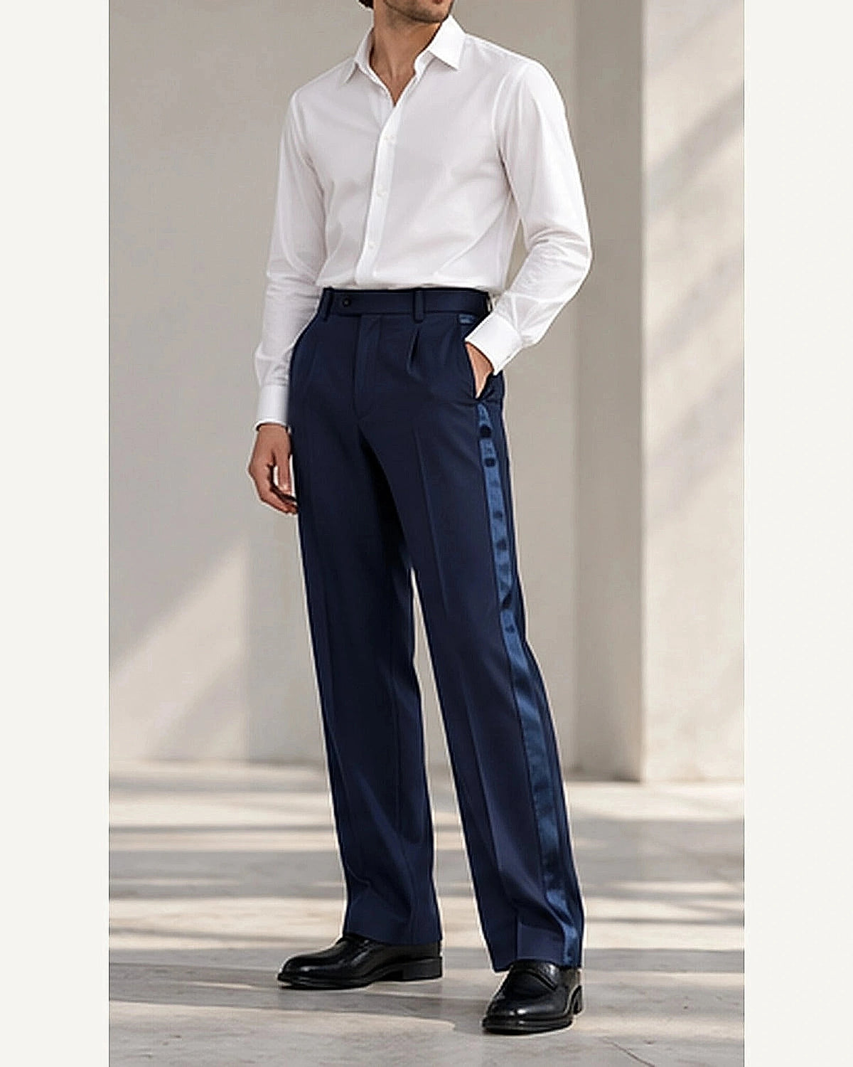 DFCOLOR::Navy::onbody — Black Satin Side-Stripe Tailored Trousers