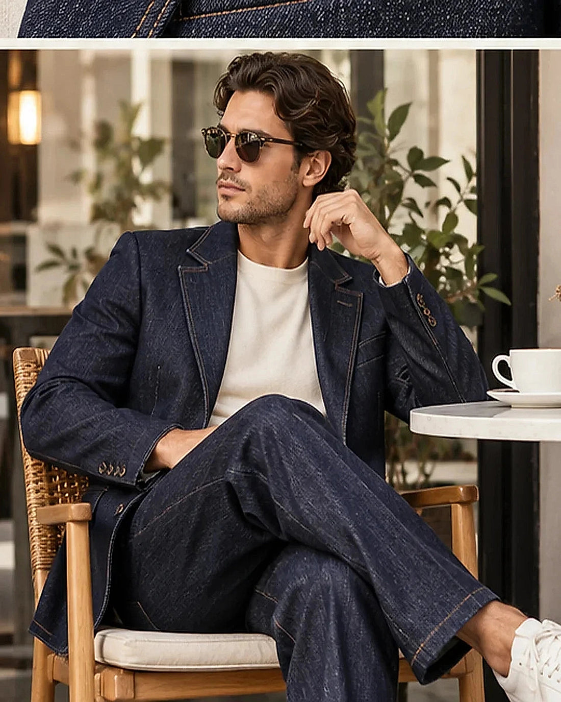 DFCOLOR::Indigo::Raw Indigo Denim-Look Two-Piece Suit contemporary lifestyle styling