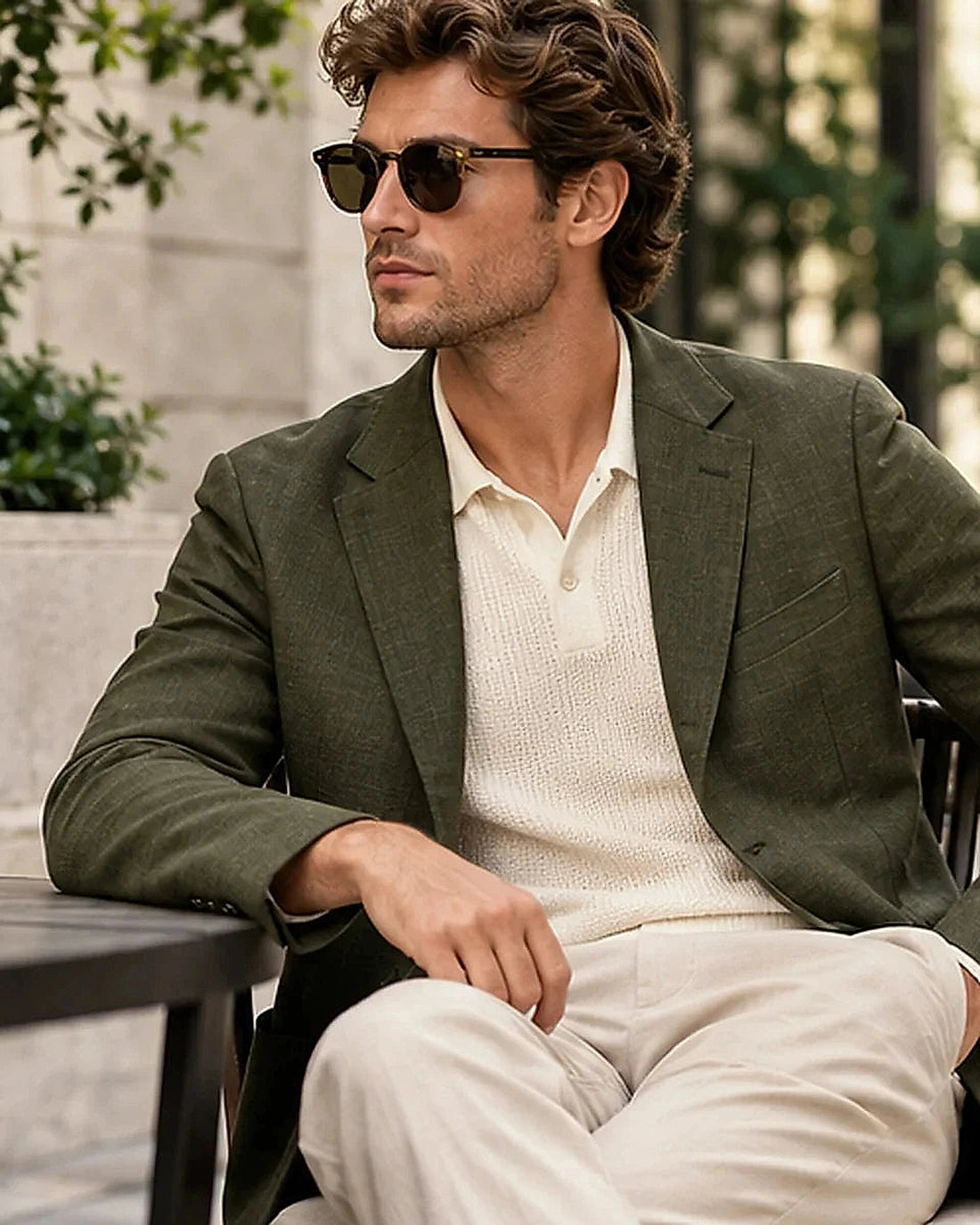 DFCOLOR::Olive::Olive Unstructured Linen-Look Cotton Blazer contemporary lifestyle styling