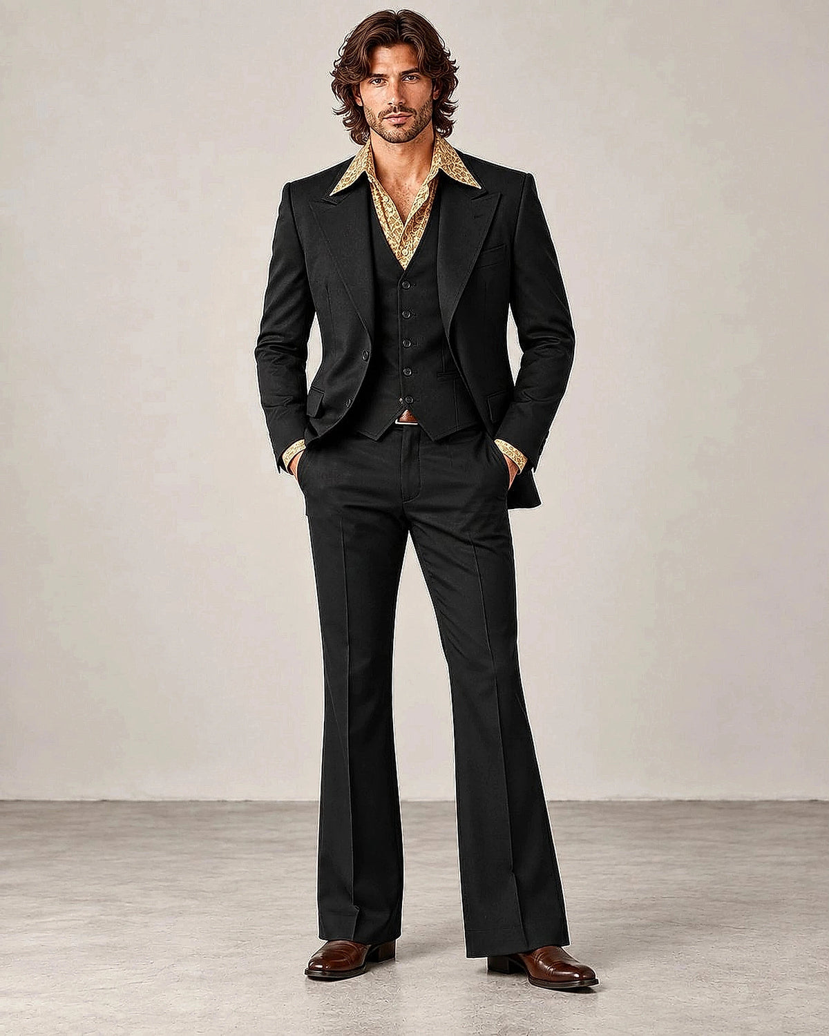 DFCOLOR::Black::Retro 70s three-piece flare suit — full front studio fit view