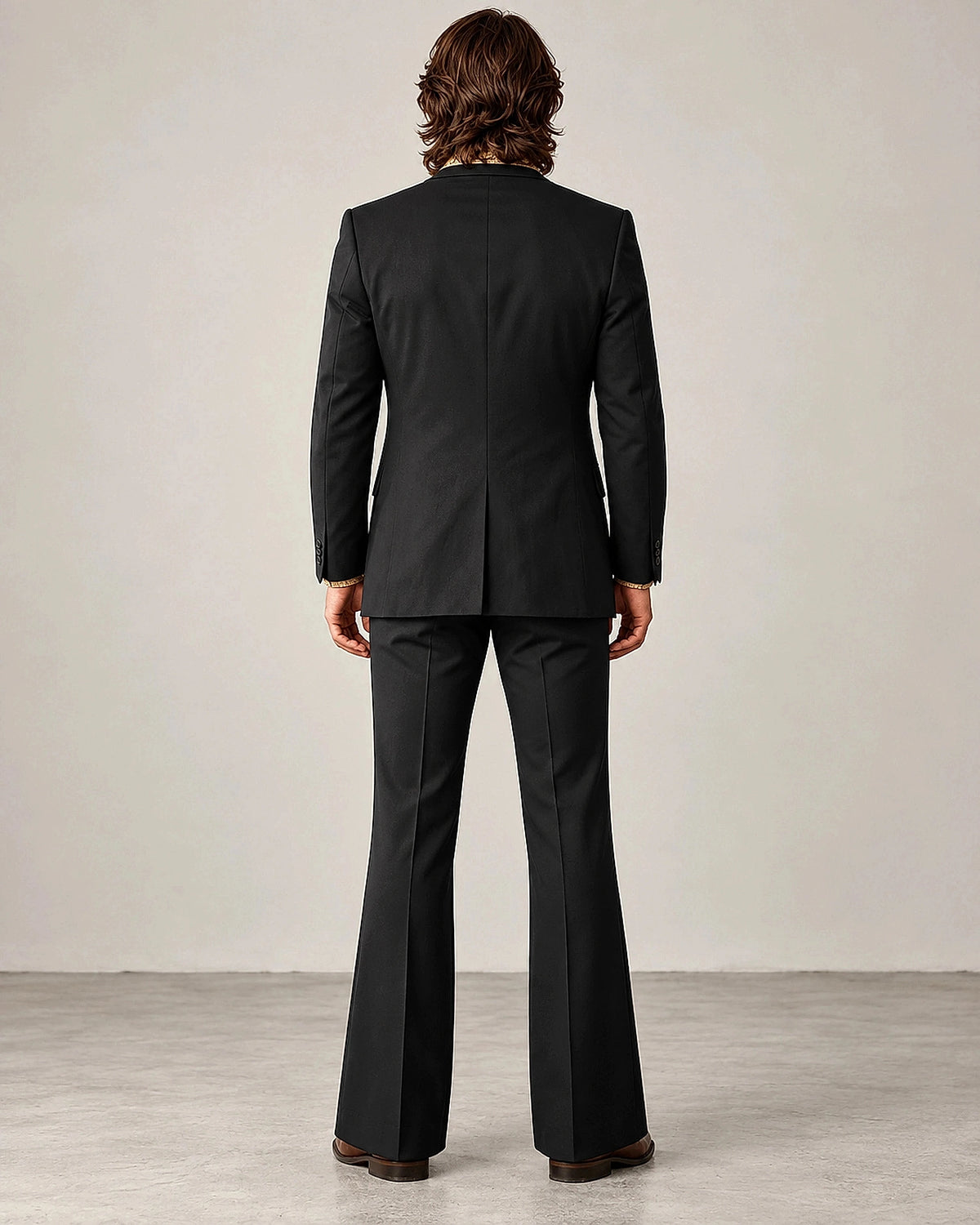 DFCOLOR::Black::Retro 70s three-piece flare suit — black rear silhouette