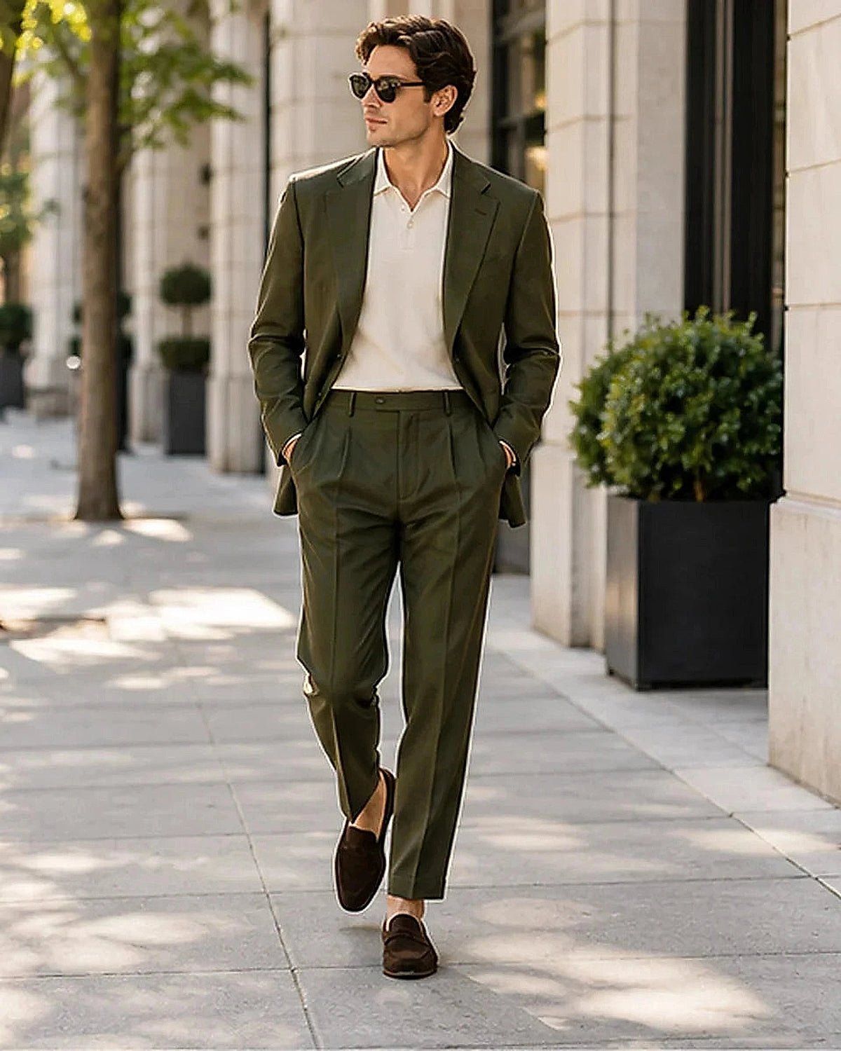 DFCOLOR::Olive::Dark Olive Unstructured Two-Piece Suit on-body styling