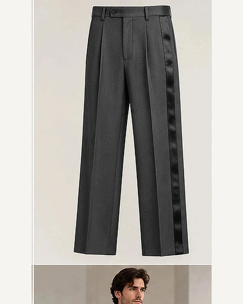 DFCOLOR::Charcoal::product — Black Satin Side-Stripe Tailored Trousers
