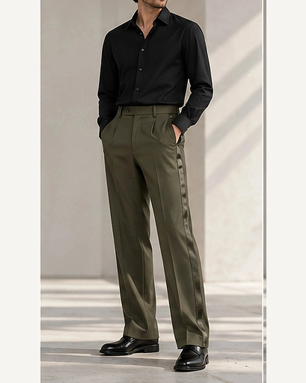 DFCOLOR::Olive::onbody — Black Satin Side-Stripe Tailored Trousers