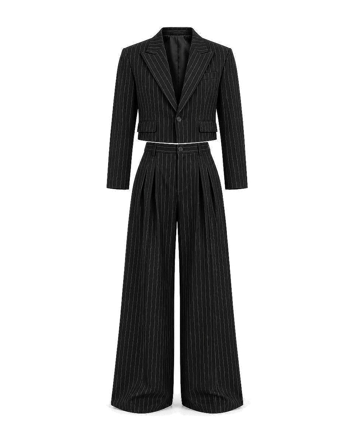 DFCOLOR::Black::Cropped pinstripe wide-leg two-piece suit — white-background front product view