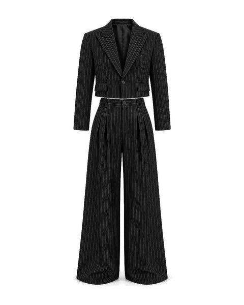 DFCOLOR::Black::Cropped pinstripe wide-leg two-piece suit — white-background front product view