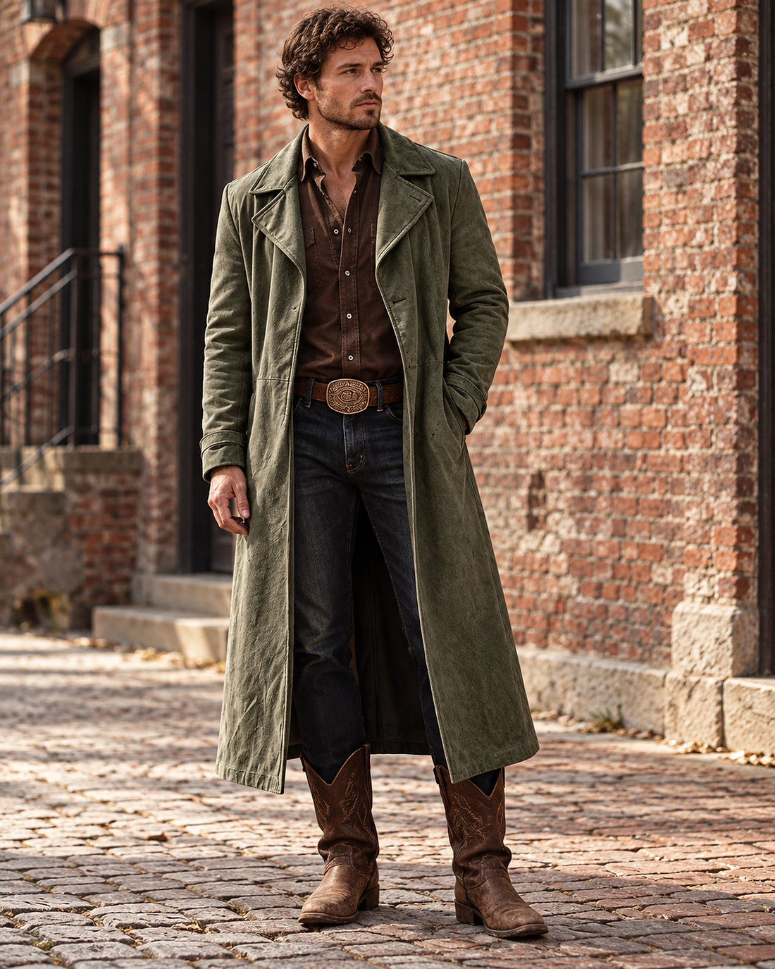 DFCOLOR::Olive::Faux suede long Western duster coat — olive street styling
