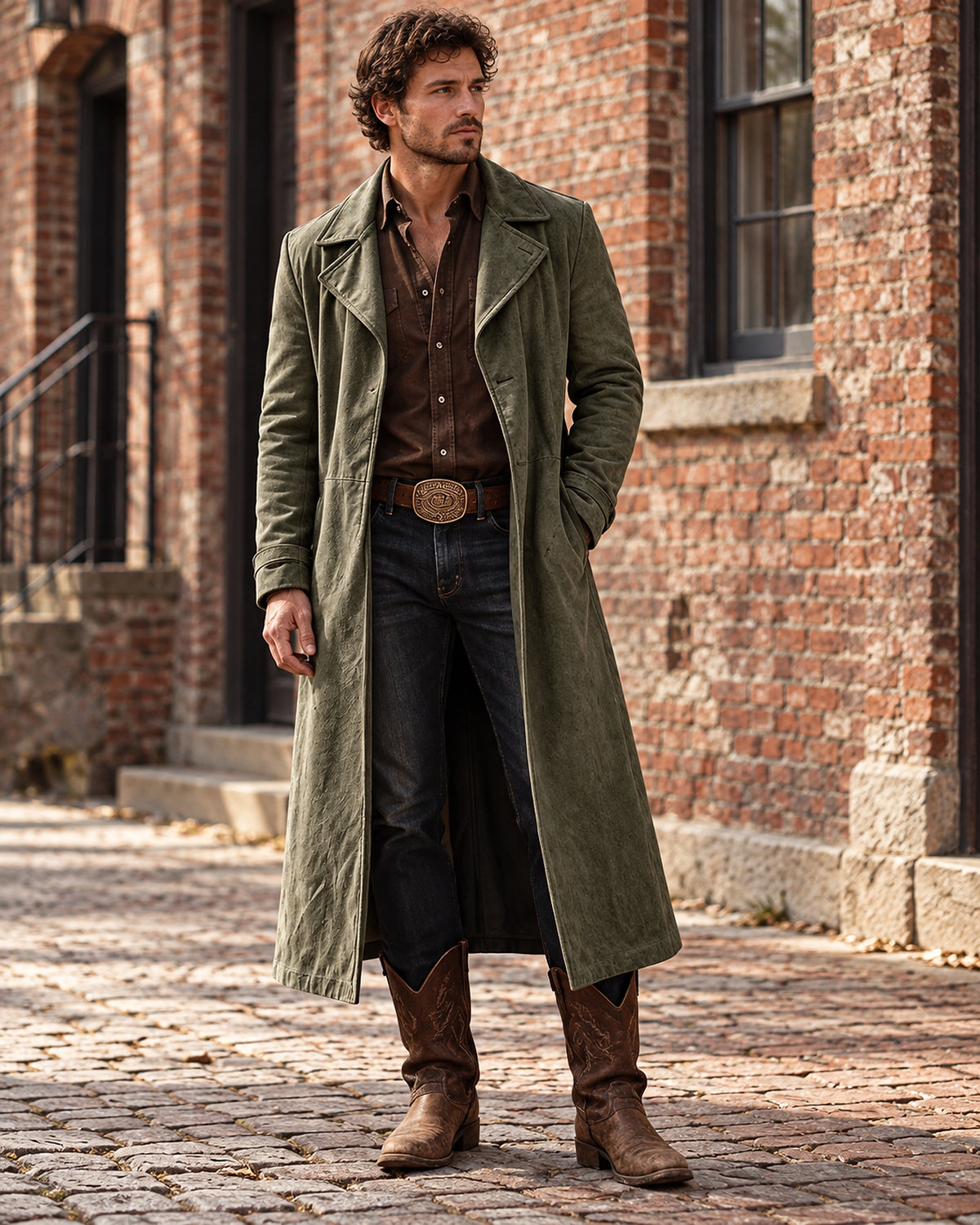 DFCOLOR::Olive::Faux suede long Western duster coat — olive street styling