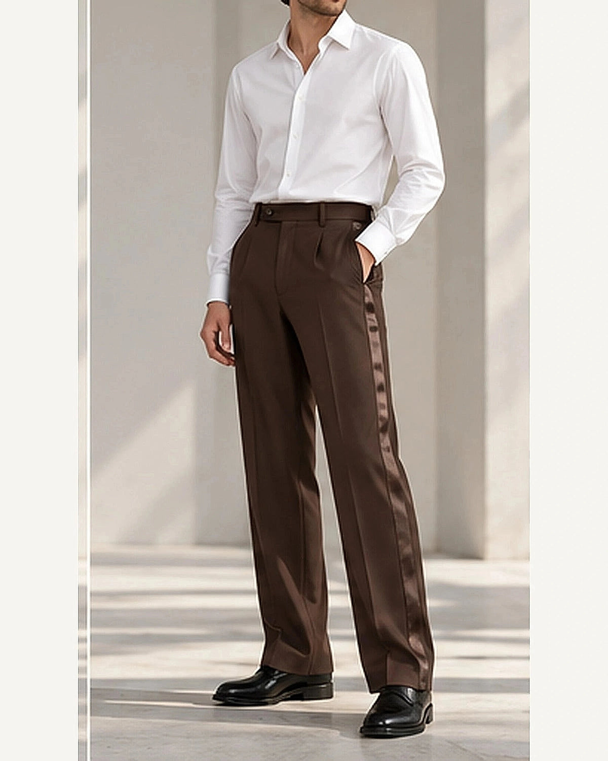 DFCOLOR::Chocolate::onbody — Black Satin Side-Stripe Tailored Trousers
