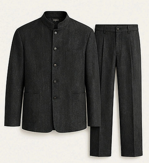 DFCOLOR::Washed Black::product — Denim-Look Mandarin Collar Suit Set