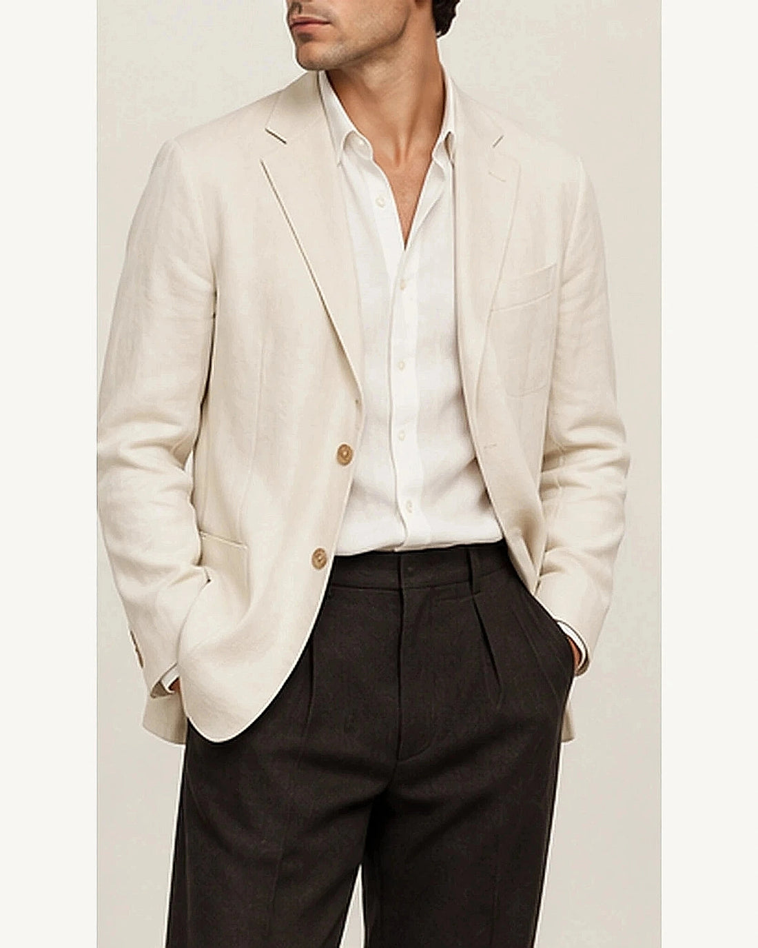 DFCOLOR::Ecru::onbody — Olive Unstructured Linen-Look Cotton Blazer