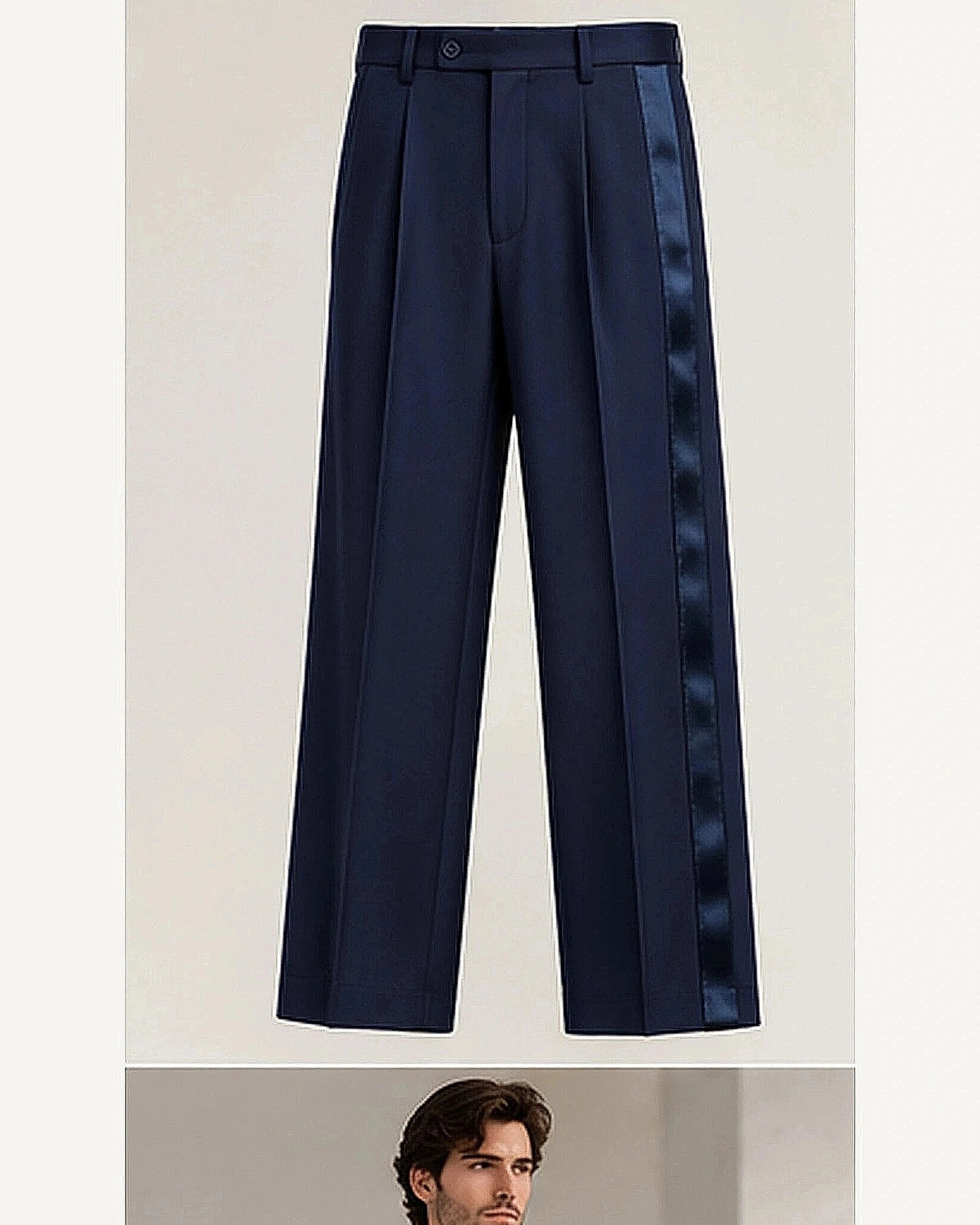 DFCOLOR::Navy::product — Black Satin Side-Stripe Tailored Trousers