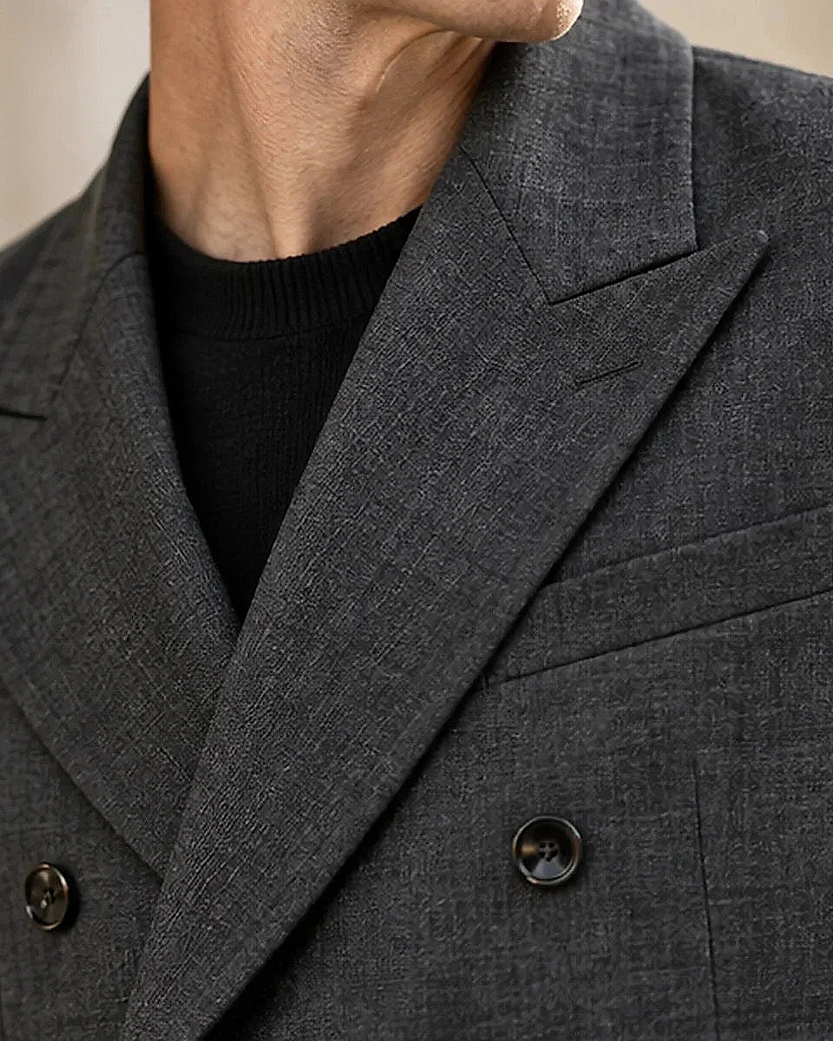 DFCOLOR::Charcoal::Charcoal Cropped Double-Breasted Blazer fabric and tailoring detail