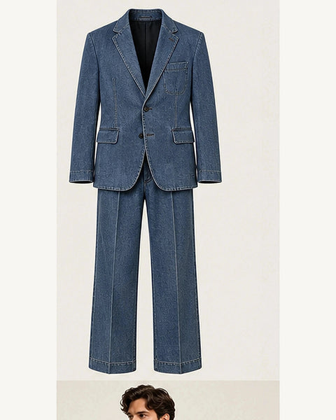DFCOLOR::Mid Blue::product — Raw Indigo Denim-Look Two-Piece Suit