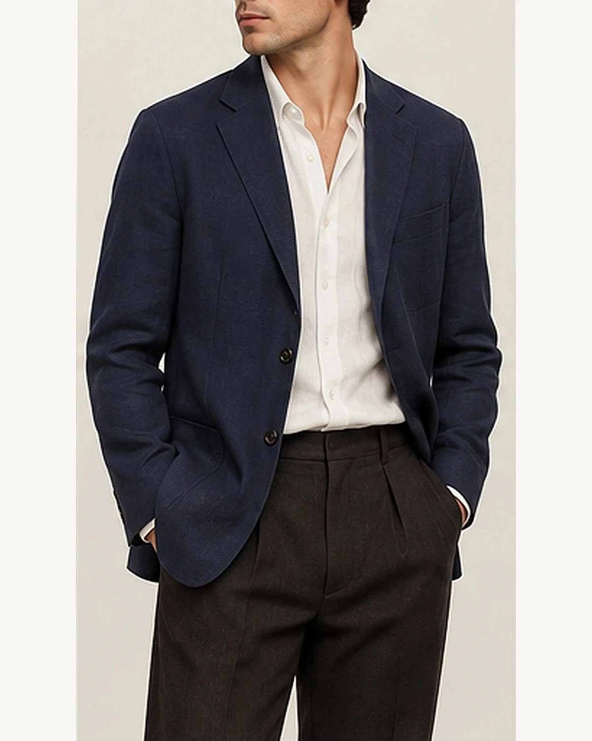 DFCOLOR::Navy::onbody — Olive Unstructured Linen-Look Cotton Blazer