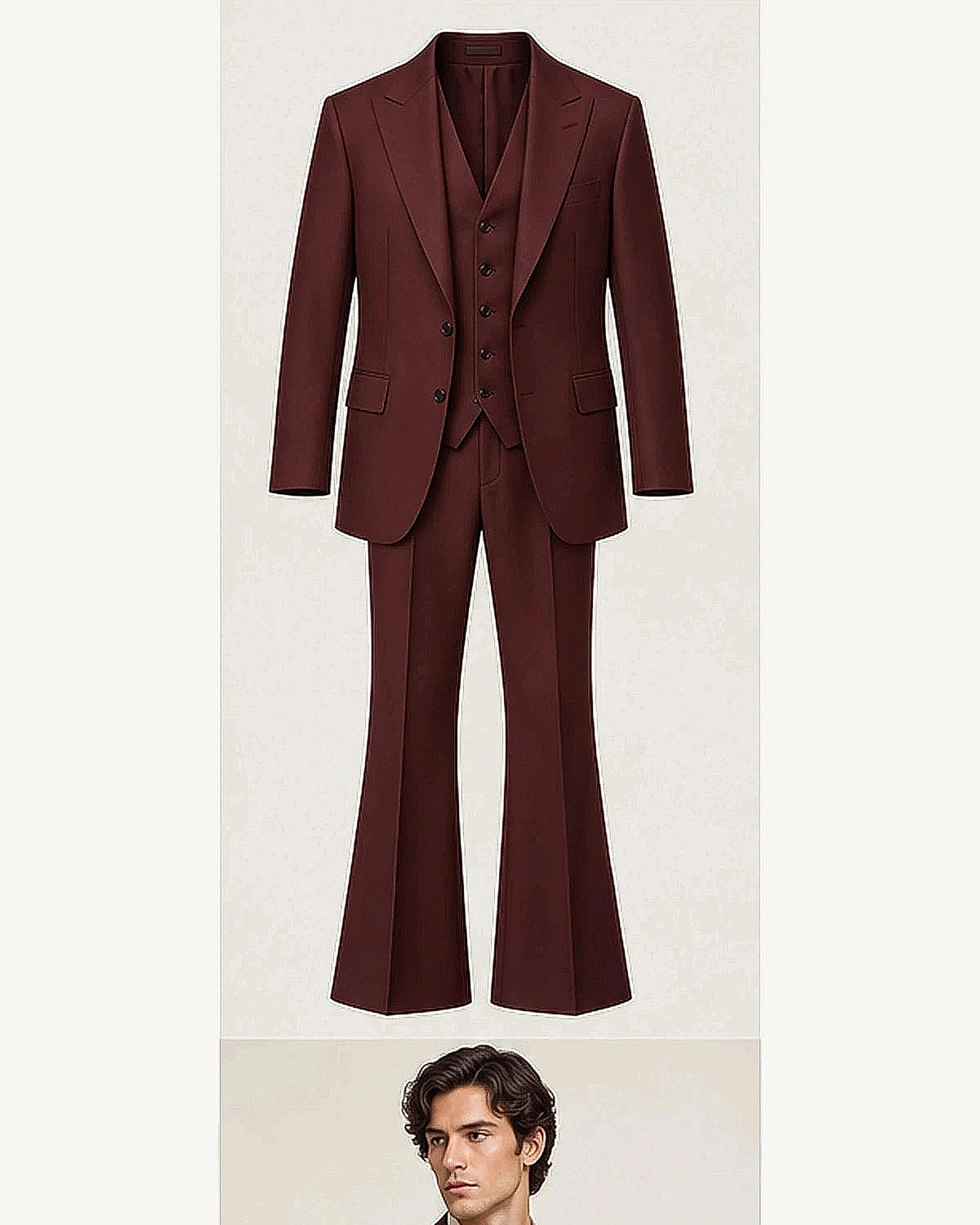 DFCOLOR::Burgundy::product — Retro 70s Three-Piece Flare Suit
