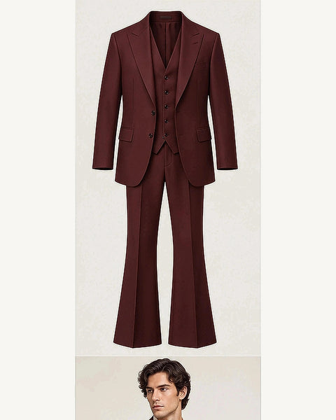 DFCOLOR::Burgundy::product — Retro 70s Three-Piece Flare Suit